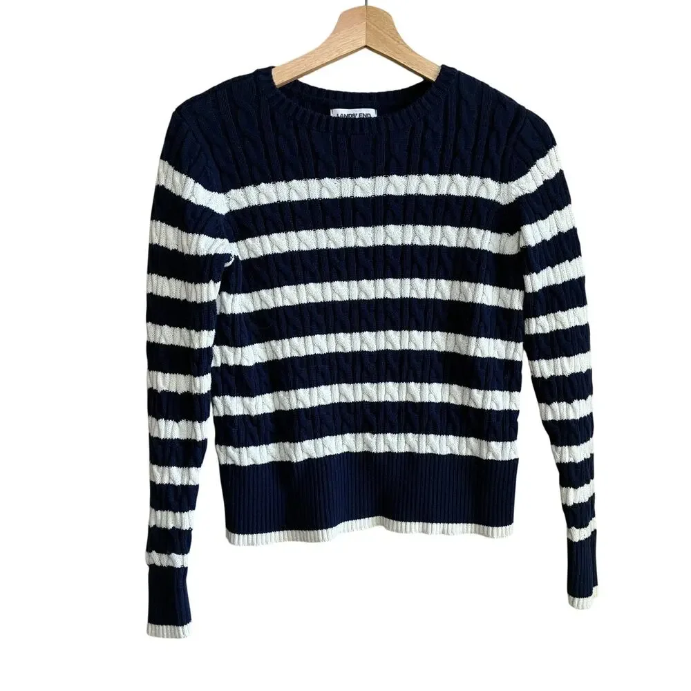 Lands' End blue white striped pullover cable knit sweater women's XS 100% cotton